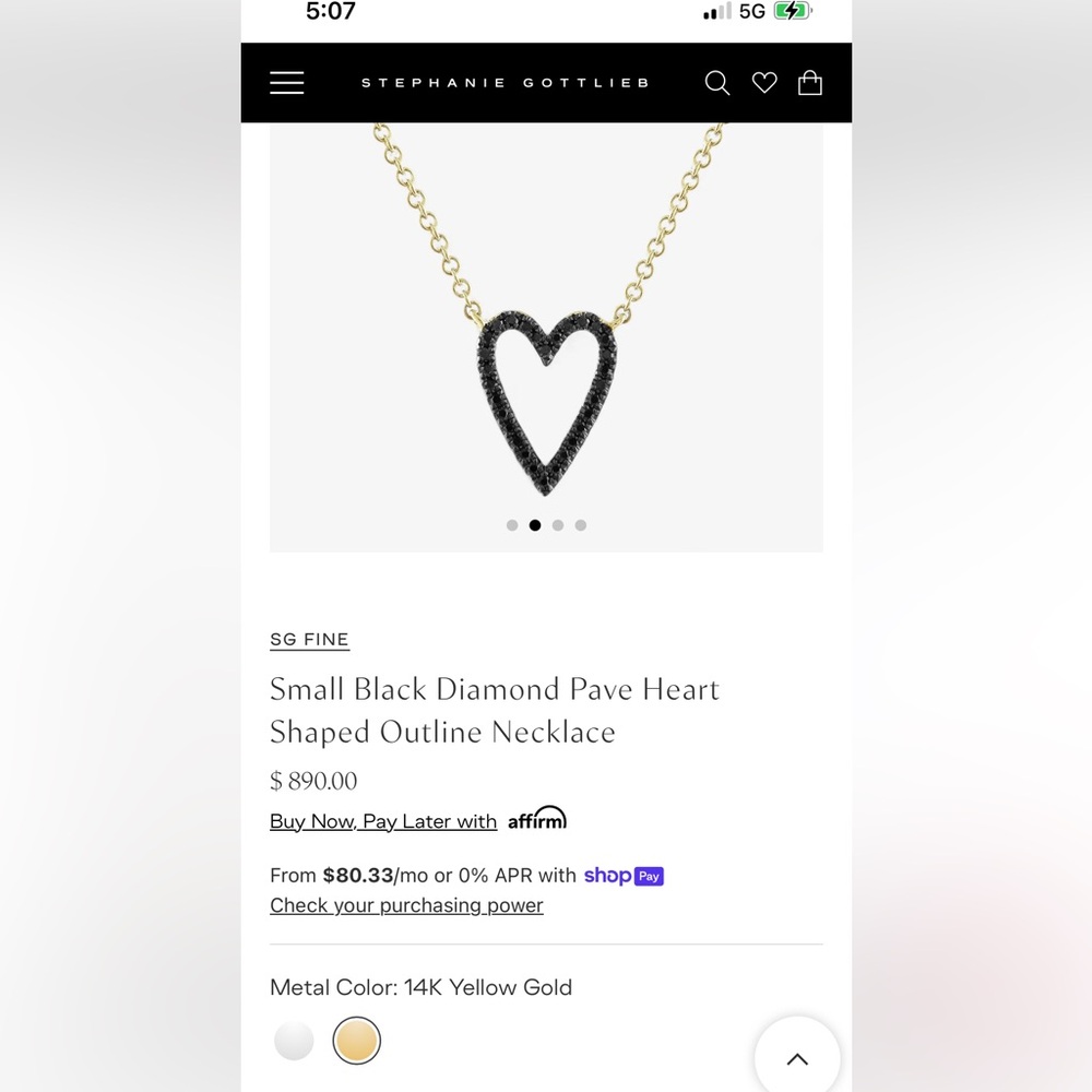Stephanie Gottlieb (SG Fine) black diamond heart necklace on 14k rose gold chain